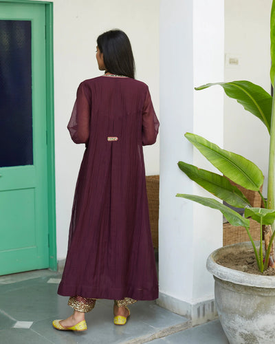 Wine Puckered Collar Kurta Set - Indian Clothing in Denver, CO, Aurora, CO, Boulder, CO, Fort Collins, CO, Colorado Springs, CO, Parker, CO, Highlands Ranch, CO, Cherry Creek, CO, Centennial, CO, and Longmont, CO. Nationwide shipping USA - India Fashion X