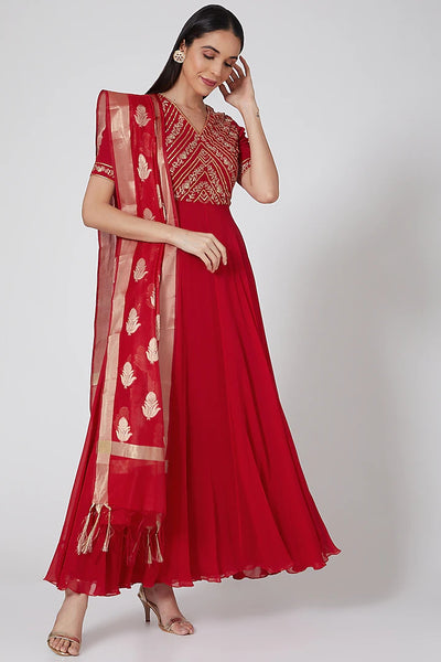 Red Embroidered Anarkali - Indian Clothing in Denver, CO, Aurora, CO, Boulder, CO, Fort Collins, CO, Colorado Springs, CO, Parker, CO, Highlands Ranch, CO, Cherry Creek, CO, Centennial, CO, and Longmont, CO. Nationwide shipping USA - India Fashion X