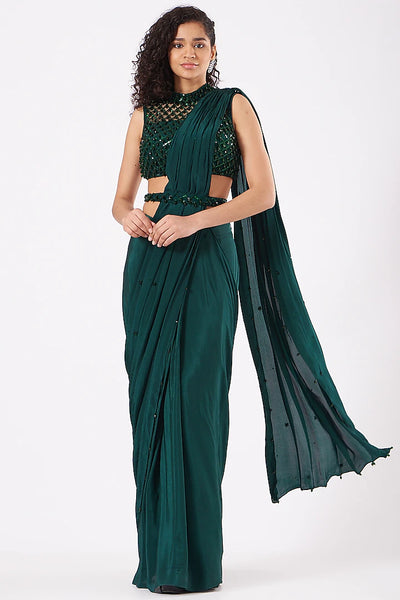 Bottle Green Predraped Saree - Indian Clothing in Denver, CO, Aurora, CO, Boulder, CO, Fort Collins, CO, Colorado Springs, CO, Parker, CO, Highlands Ranch, CO, Cherry Creek, CO, Centennial, CO, and Longmont, CO. Nationwide shipping USA - India Fashion X