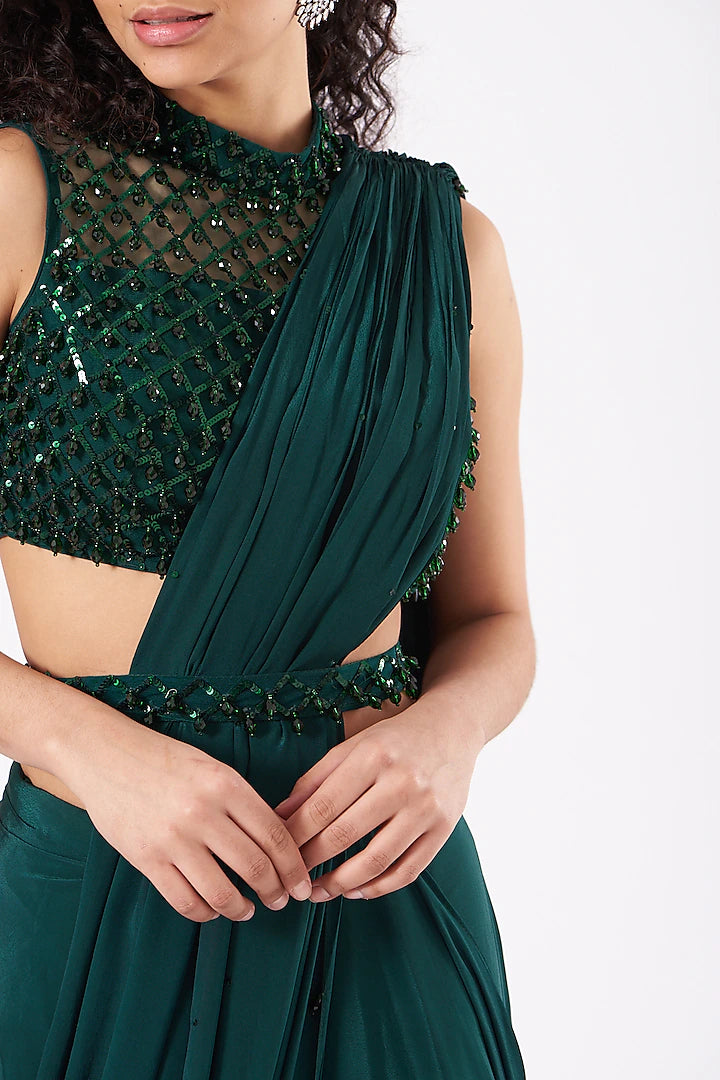 slim fit dress slacks Green Hand Embroidered Gown: Premium Indian Dress by Raas XL / Green main image 0