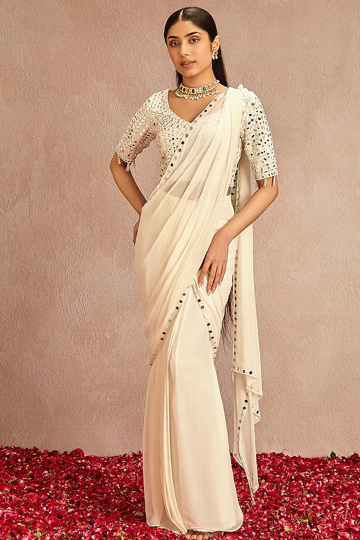 Ivory Blended Pre-Draped Saree - Indian Clothing in Denver, CO, Aurora, CO, Boulder, CO, Fort Collins, CO, Colorado Springs, CO, Parker, CO, Highlands Ranch, CO, Cherry Creek, CO, Centennial, CO, and Longmont, CO. Nationwide shipping USA - India Fashion X