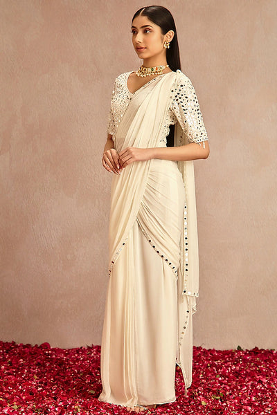 Ivory Blended Pre-Draped Saree - Indian Clothing in Denver, CO, Aurora, CO, Boulder, CO, Fort Collins, CO, Colorado Springs, CO, Parker, CO, Highlands Ranch, CO, Cherry Creek, CO, Centennial, CO, and Longmont, CO. Nationwide shipping USA - India Fashion X