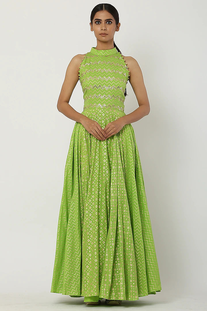Kalidar Bright Green Anarkali Set S / Green