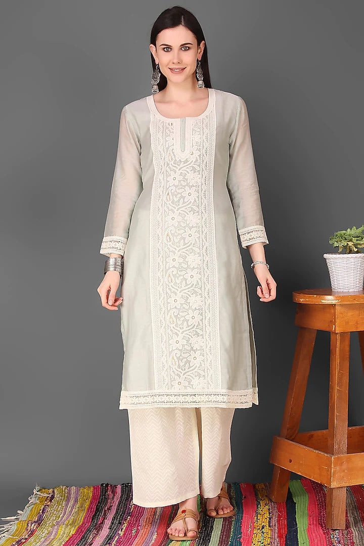 Gray Chikankari Kurta Set - Indian Clothing in Denver, CO, Aurora, CO, Boulder, CO, Fort Collins, CO, Colorado Springs, CO, Parker, CO, Highlands Ranch, CO, Cherry Creek, CO, Centennial, CO, and Longmont, CO. Nationwide shipping USA - India Fashion X