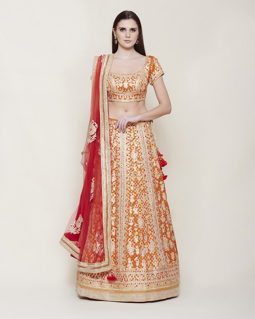 Orange Embroidered Lehenga - Indian Clothing in Denver, CO, Aurora, CO, Boulder, CO, Fort Collins, CO, Colorado Springs, CO, Parker, CO, Highlands Ranch, CO, Cherry Creek, CO, Centennial, CO, and Longmont, CO. Nationwide shipping USA - India Fashion X