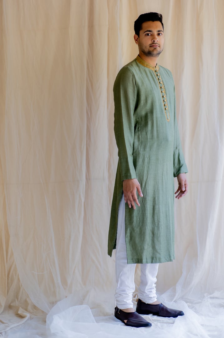 Olive Muga Kurta Indian Clothing in Denver, CO, Aurora, CO, Boulder, CO, Fort Collins, CO, Colorado Springs, CO, Parker, CO, Highlands Ranch, CO, Cherry Creek, CO, Centennial, CO, and Longmont, CO. NATIONWIDE SHIPPING USA- India Fashion X