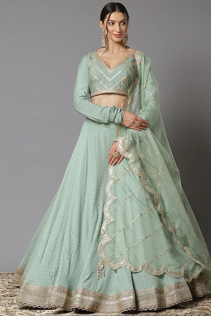 Dust Green Lehenga Set - Indian Clothing in Denver, CO, Aurora, CO, Boulder, CO, Fort Collins, CO, Colorado Springs, CO, Parker, CO, Highlands Ranch, CO, Cherry Creek, CO, Centennial, CO, and Longmont, CO. Nationwide shipping USA - India Fashion X