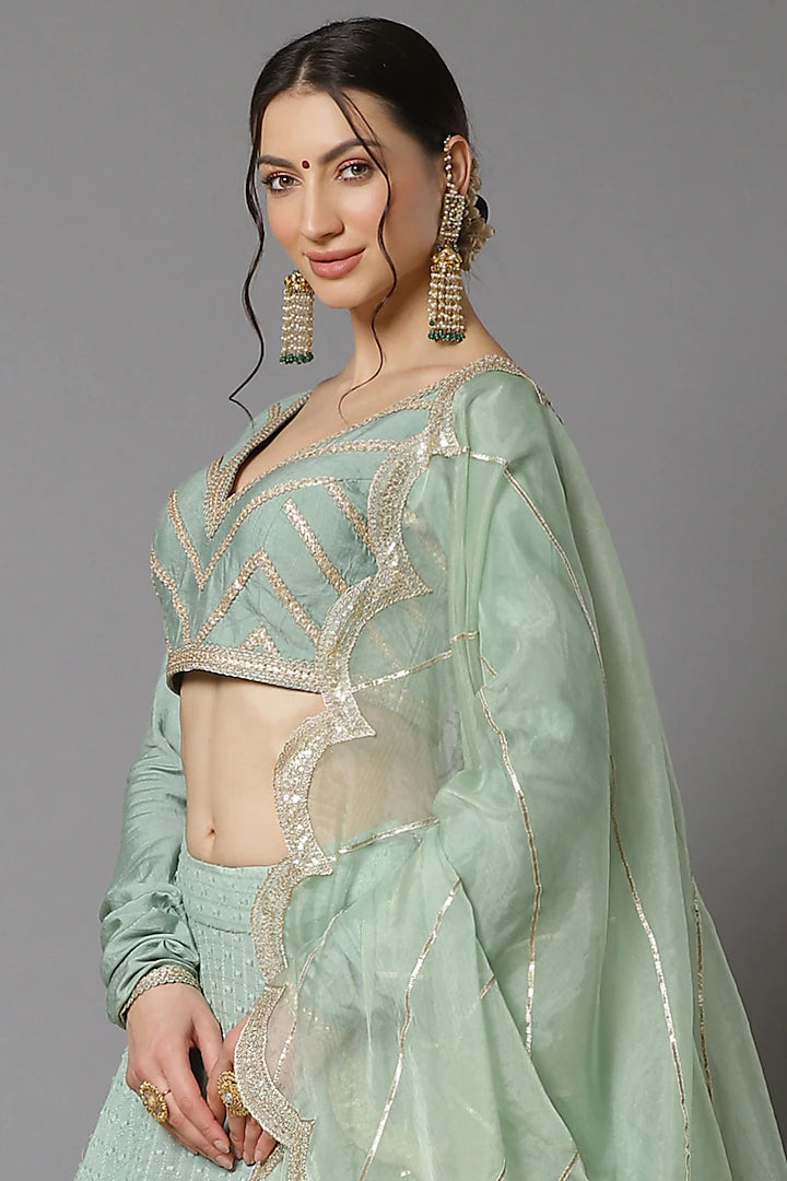 Dust Green Lehenga Set - Indian Clothing in Denver, CO, Aurora, CO, Boulder, CO, Fort Collins, CO, Colorado Springs, CO, Parker, CO, Highlands Ranch, CO, Cherry Creek, CO, Centennial, CO, and Longmont, CO. Nationwide shipping USA - India Fashion X