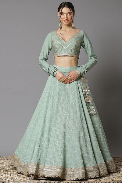 Dust Green Lehenga Set - Indian Clothing in Denver, CO, Aurora, CO, Boulder, CO, Fort Collins, CO, Colorado Springs, CO, Parker, CO, Highlands Ranch, CO, Cherry Creek, CO, Centennial, CO, and Longmont, CO. Nationwide shipping USA - India Fashion X