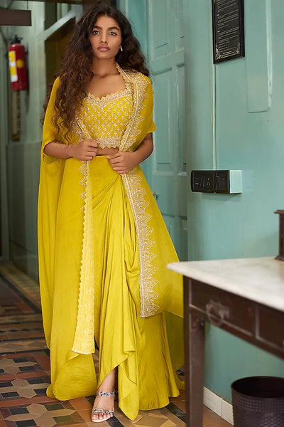 Yellow Skirt Set With Cape - Indian Clothing in Denver, CO, Aurora, CO, Boulder, CO, Fort Collins, CO, Colorado Springs, CO, Parker, CO, Highlands Ranch, CO, Cherry Creek, CO, Centennial, CO, and Longmont, CO. Nationwide shipping USA - India Fashion X
