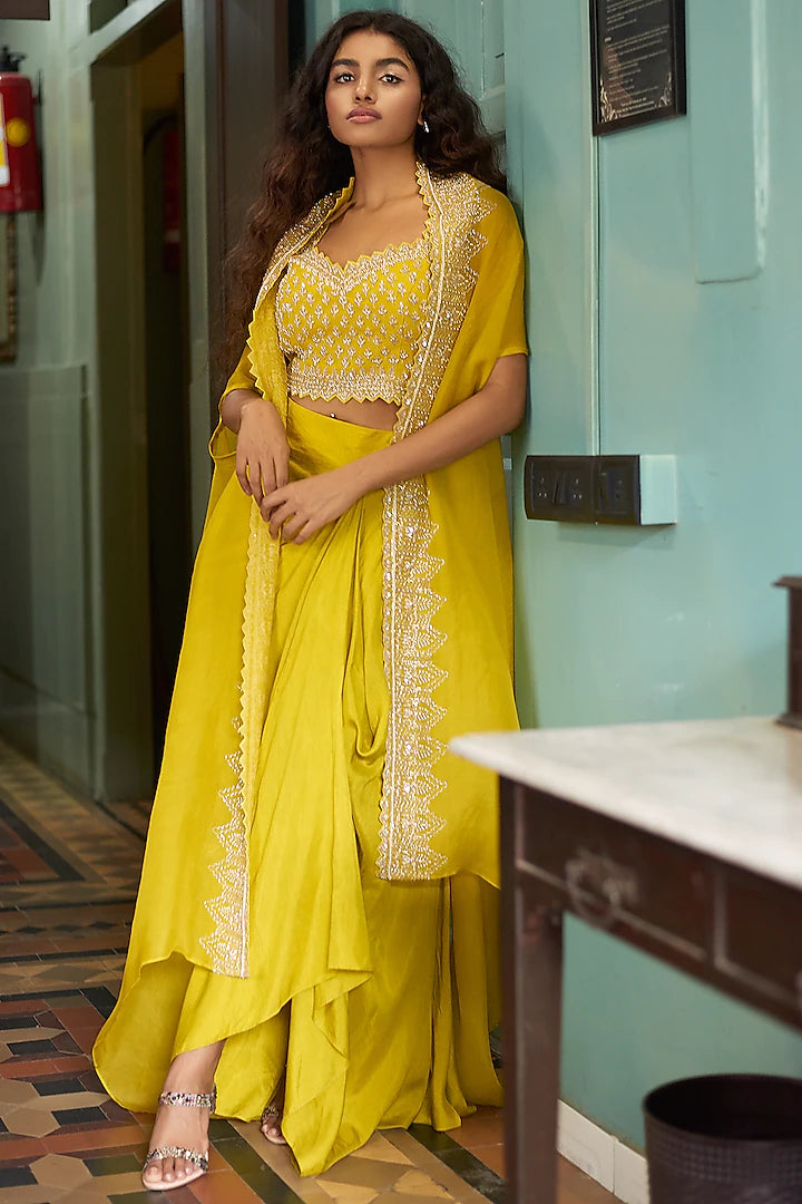 Yellow Skirt Set With Cape - Indian Clothing in Denver, CO, Aurora, CO, Boulder, CO, Fort Collins, CO, Colorado Springs, CO, Parker, CO, Highlands Ranch, CO, Cherry Creek, CO, Centennial, CO, and Longmont, CO. Nationwide shipping USA - India Fashion X