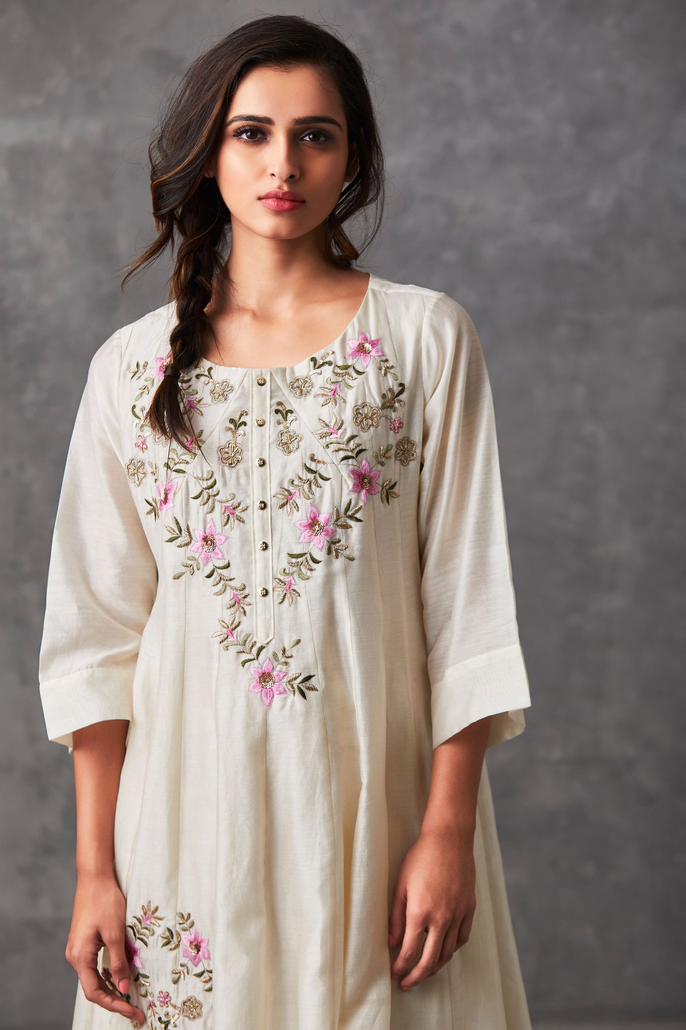 Oyster White Chanderi Anarkali - Indian Clothing in Denver, CO, Aurora, CO, Boulder, CO, Fort Collins, CO, Colorado Springs, CO, Parker, CO, Highlands Ranch, CO, Cherry Creek, CO, Centennial, CO, and Longmont, CO. Nationwide shipping USA - India Fashion X