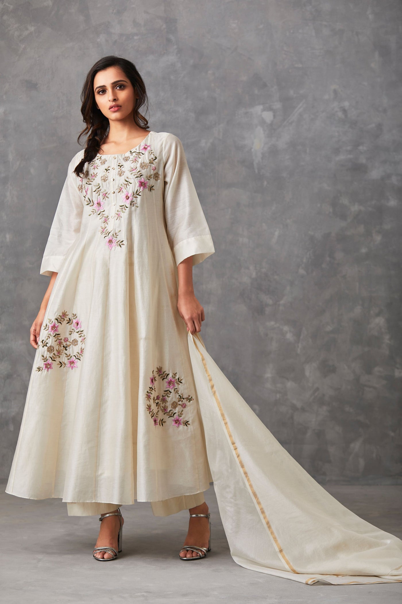 Oyster White Chanderi Anarkali - Indian Clothing in Denver, CO, Aurora, CO, Boulder, CO, Fort Collins, CO, Colorado Springs, CO, Parker, CO, Highlands Ranch, CO, Cherry Creek, CO, Centennial, CO, and Longmont, CO. Nationwide shipping USA - India Fashion X