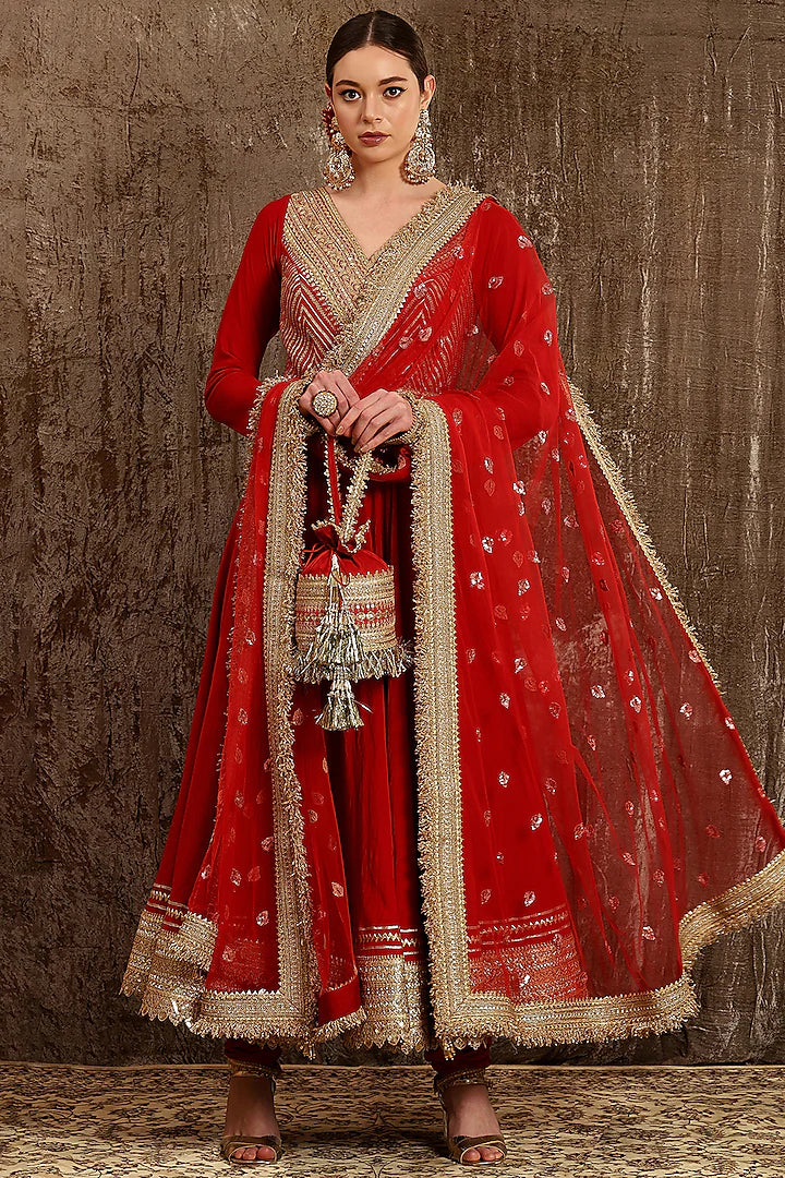 Red Zardosi Anarkali Set - Indian Clothing in Denver, CO, Aurora, CO, Boulder, CO, Fort Collins, CO, Colorado Springs, CO, Parker, CO, Highlands Ranch, CO, Cherry Creek, CO, Centennial, CO, and Longmont, CO. Nationwide shipping USA - India Fashion X