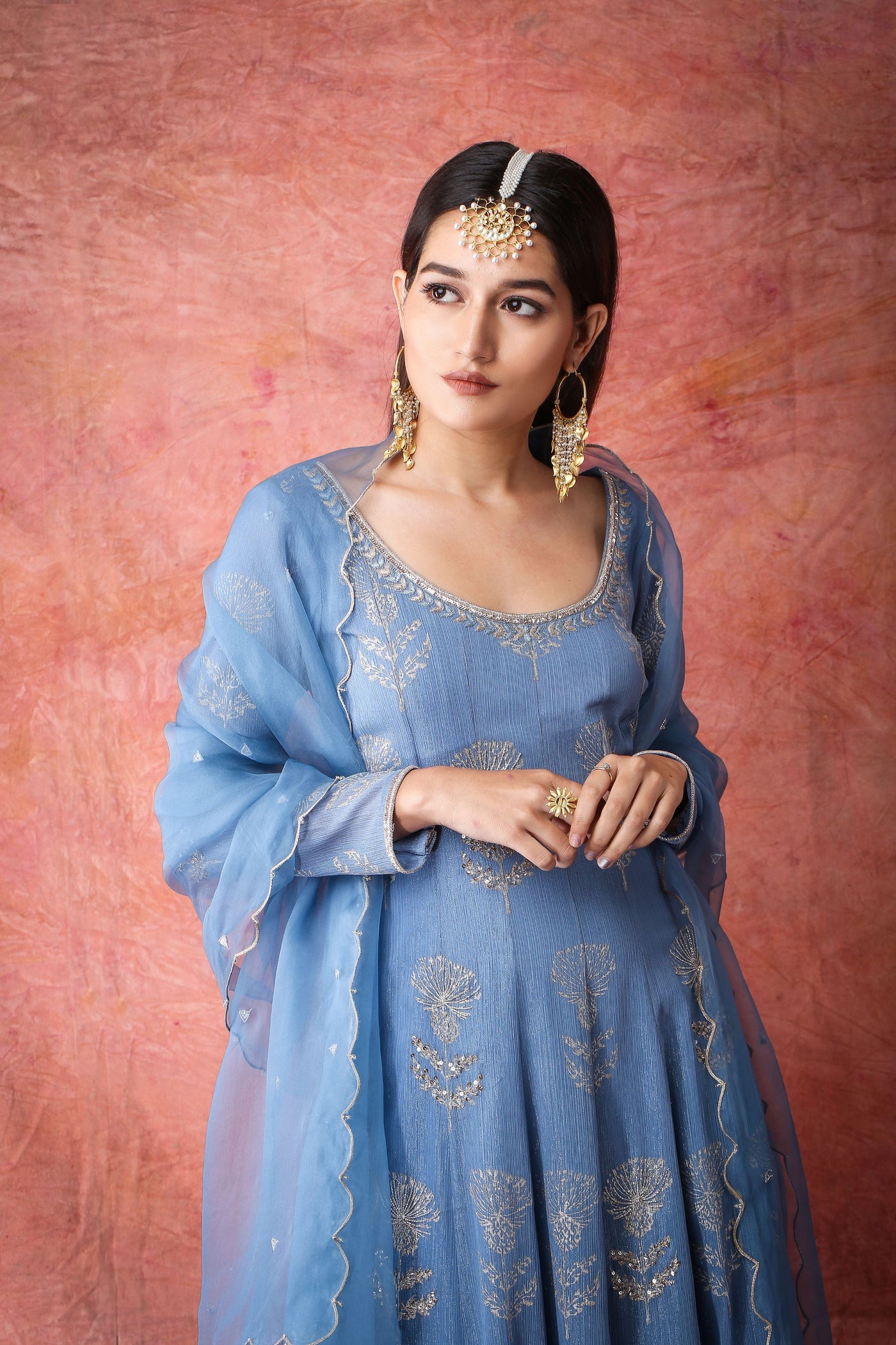 Blue Metallic Georgette Anarkali - Indian Clothing in Denver, CO, Aurora, CO, Boulder, CO, Fort Collins, CO, Colorado Springs, CO, Parker, CO, Highlands Ranch, CO, Cherry Creek, CO, Centennial, CO, and Longmont, CO. Nationwide shipping USA - India Fashion X
