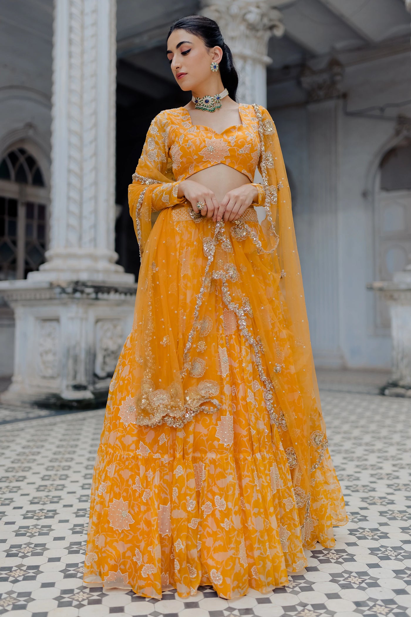 Orange Kesari Floral Lehenga Indian Clothing in Denver, CO, Aurora, CO, Boulder, CO, Fort Collins, CO, Colorado Springs, CO, Parker, CO, Highlands Ranch, CO, Cherry Creek, CO, Centennial, CO, and Longmont, CO. NATIONWIDE SHIPPING USA- India Fashion X