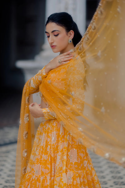 Orange Kesari Floral Lehenga Indian Clothing in Denver, CO, Aurora, CO, Boulder, CO, Fort Collins, CO, Colorado Springs, CO, Parker, CO, Highlands Ranch, CO, Cherry Creek, CO, Centennial, CO, and Longmont, CO. NATIONWIDE SHIPPING USA- India Fashion X