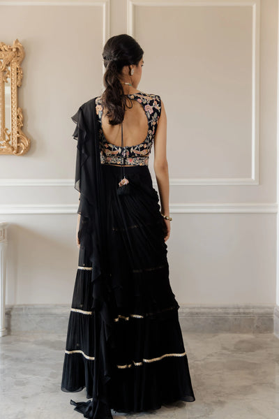 Black Draped Floral Saree Indian Clothing in Denver, CO, Aurora, CO, Boulder, CO, Fort Collins, CO, Colorado Springs, CO, Parker, CO, Highlands Ranch, CO, Cherry Creek, CO, Centennial, CO, and Longmont, CO. NATIONWIDE SHIPPING USA- India Fashion X