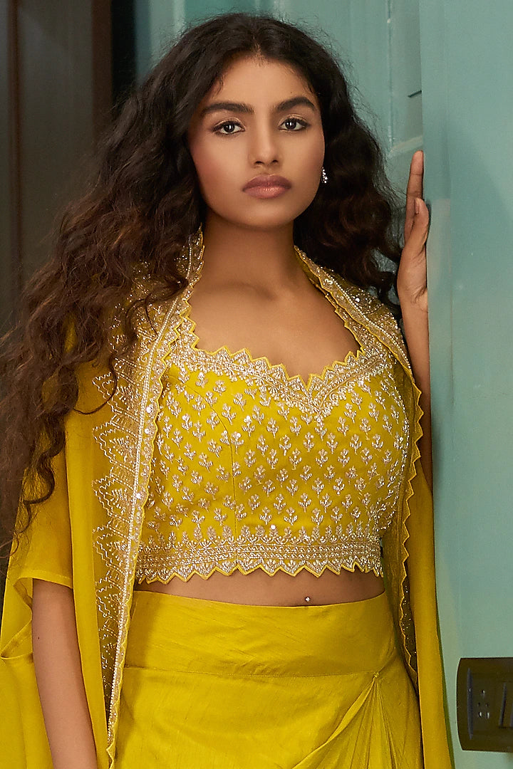 Yellow Skirt Set With Cape - Indian Clothing in Denver, CO, Aurora, CO, Boulder, CO, Fort Collins, CO, Colorado Springs, CO, Parker, CO, Highlands Ranch, CO, Cherry Creek, CO, Centennial, CO, and Longmont, CO. Nationwide shipping USA - India Fashion X