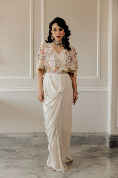 Ivory Roman Draped Saree Indian Clothing in Denver, CO, Aurora, CO, Boulder, CO, Fort Collins, CO, Colorado Springs, CO, Parker, CO, Highlands Ranch, CO, Cherry Creek, CO, Centennial, CO, and Longmont, CO. NATIONWIDE SHIPPING USA- India Fashion X
