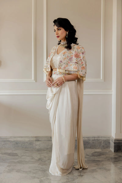 Ivory Roman Draped Saree Indian Clothing in Denver, CO, Aurora, CO, Boulder, CO, Fort Collins, CO, Colorado Springs, CO, Parker, CO, Highlands Ranch, CO, Cherry Creek, CO, Centennial, CO, and Longmont, CO. NATIONWIDE SHIPPING USA- India Fashion X