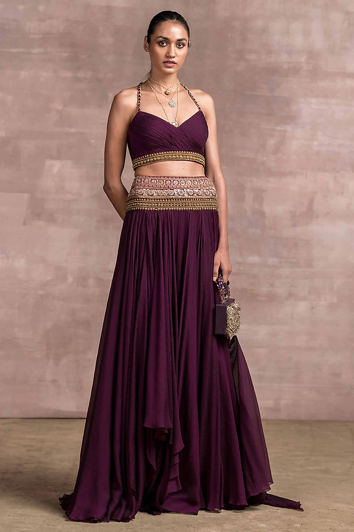 Wine Embroidered Layered Lehenga - Indian Clothing in Denver, CO, Aurora, CO, Boulder, CO, Fort Collins, CO, Colorado Springs, CO, Parker, CO, Highlands Ranch, CO, Cherry Creek, CO, Centennial, CO, and Longmont, CO. Nationwide shipping USA - India Fashion X