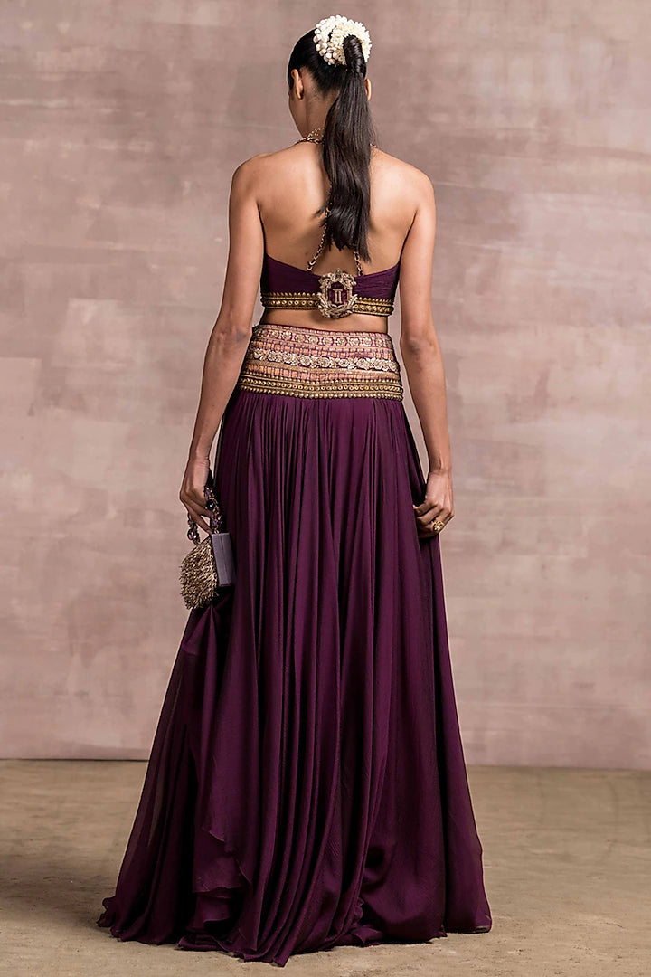 Wine Embroidered Layered Lehenga - Indian Clothing in Denver, CO, Aurora, CO, Boulder, CO, Fort Collins, CO, Colorado Springs, CO, Parker, CO, Highlands Ranch, CO, Cherry Creek, CO, Centennial, CO, and Longmont, CO. Nationwide shipping USA - India Fashion X