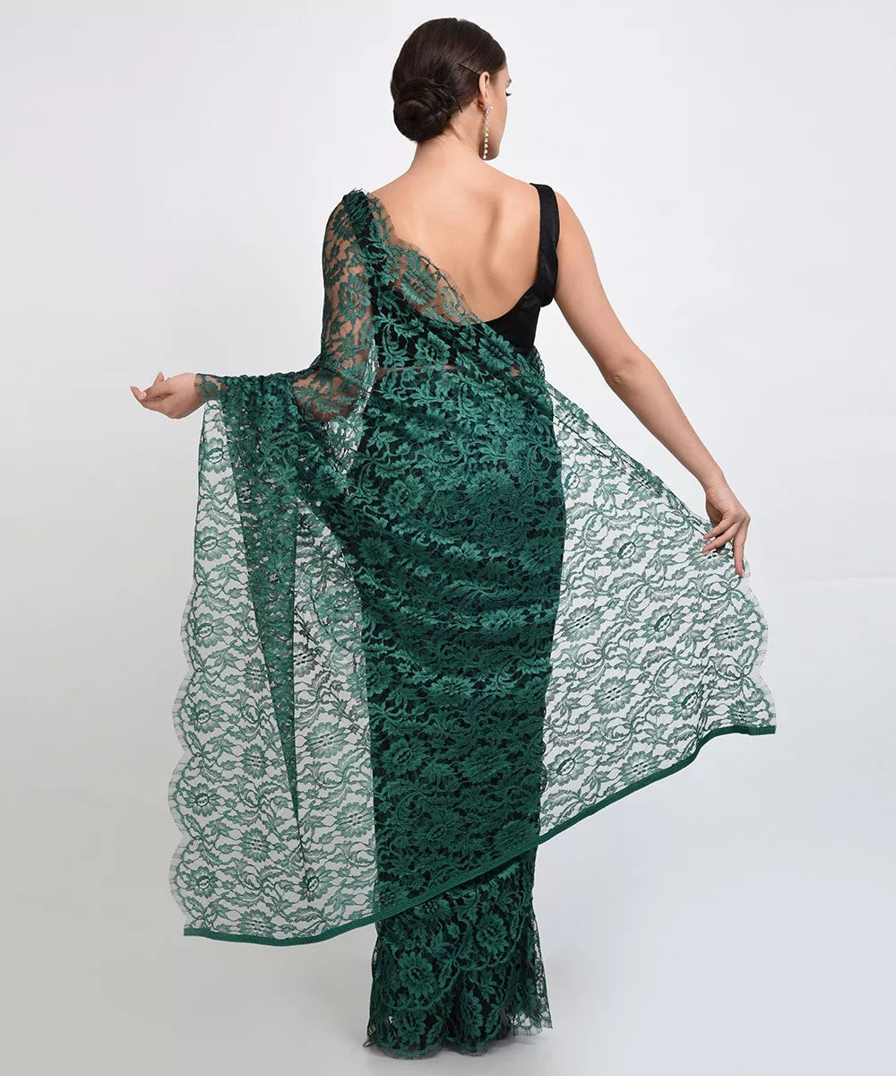 Green French Chantilly Lace Saree - Indian Clothing in Denver, CO, Aurora, CO, Boulder, CO, Fort Collins, CO, Colorado Springs, CO, Parker, CO, Highlands Ranch, CO, Cherry Creek, CO, Centennial, CO, and Longmont, CO. Nationwide shipping USA - India Fashion X