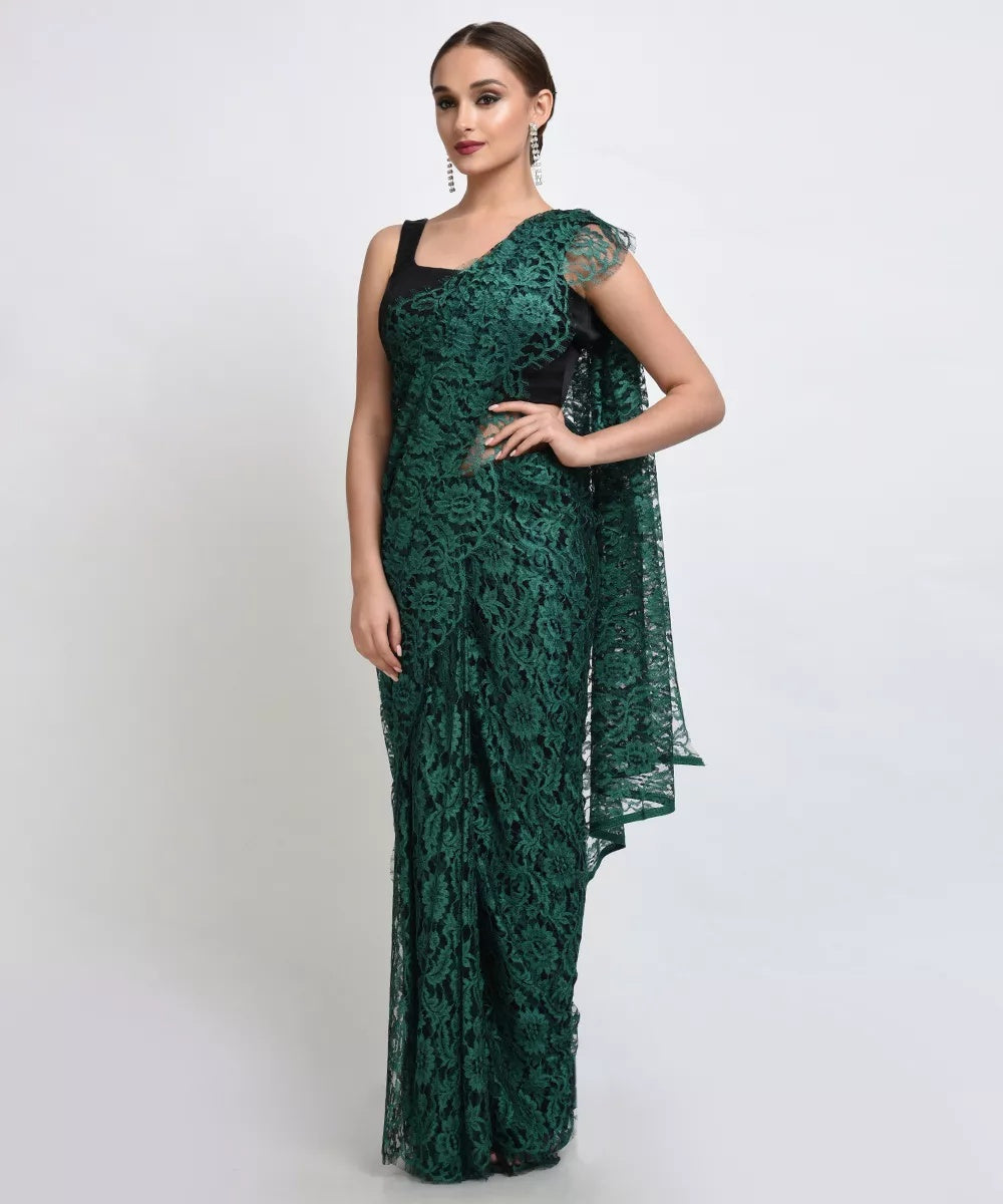 green emerald velvet dress Modish Green Drape Saree Dress with Sequin Embroidered Blazer