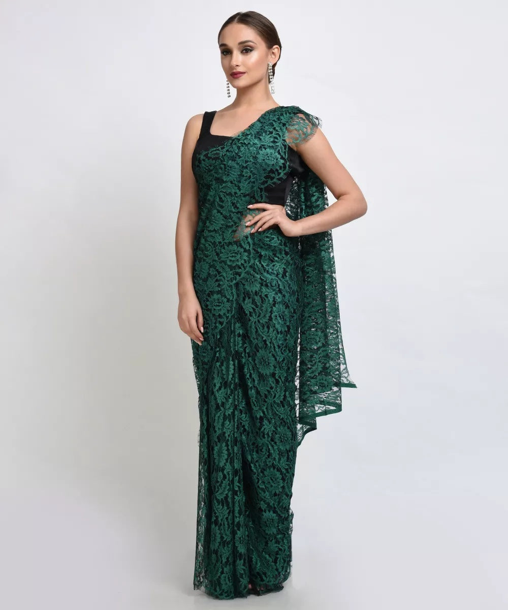 Green French Chantilly Lace Saree - Indian Clothing in Denver, CO, Aurora, CO, Boulder, CO, Fort Collins, CO, Colorado Springs, CO, Parker, CO, Highlands Ranch, CO, Cherry Creek, CO, Centennial, CO, and Longmont, CO. Nationwide shipping USA - India Fashion X