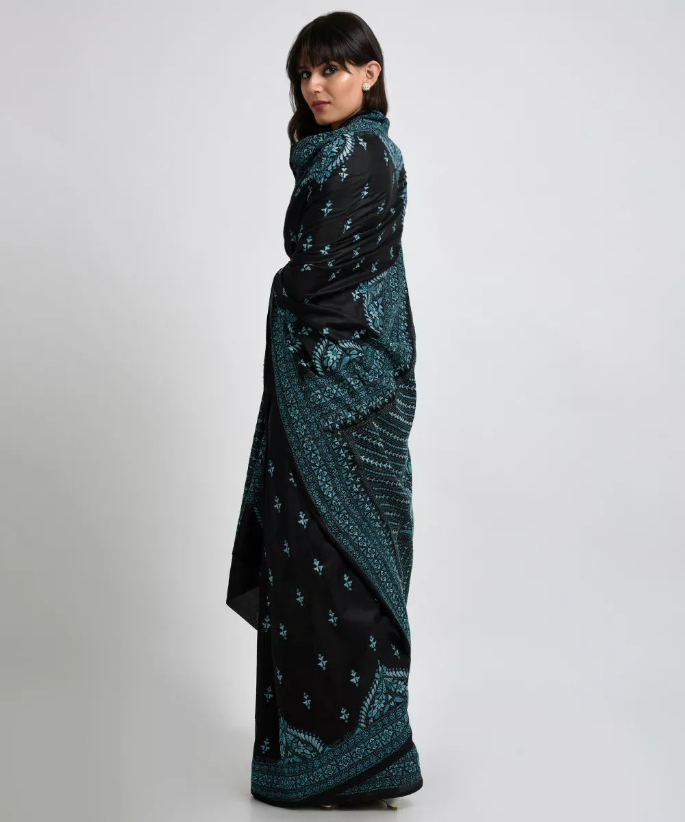 Blue Pure Silk Kantha Saree - Indian Clothing in Denver, CO, Aurora, CO, Boulder, CO, Fort Collins, CO, Colorado Springs, CO, Parker, CO, Highlands Ranch, CO, Cherry Creek, CO, Centennial, CO, and Longmont, CO. Nationwide shipping USA - India Fashion X