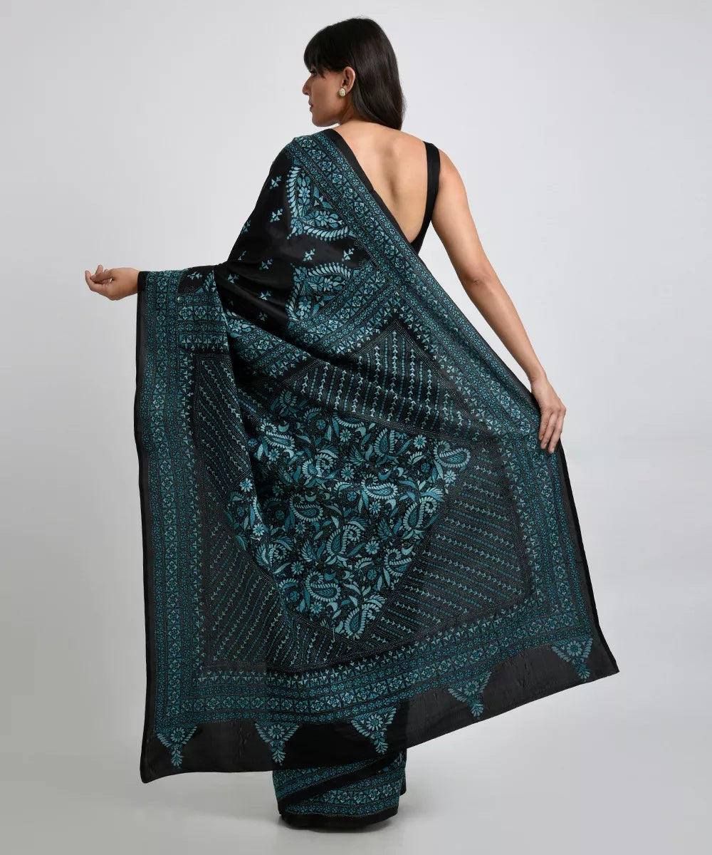 Blue Pure Silk Kantha Saree - Indian Clothing in Denver, CO, Aurora, CO, Boulder, CO, Fort Collins, CO, Colorado Springs, CO, Parker, CO, Highlands Ranch, CO, Cherry Creek, CO, Centennial, CO, and Longmont, CO. Nationwide shipping USA - India Fashion X
