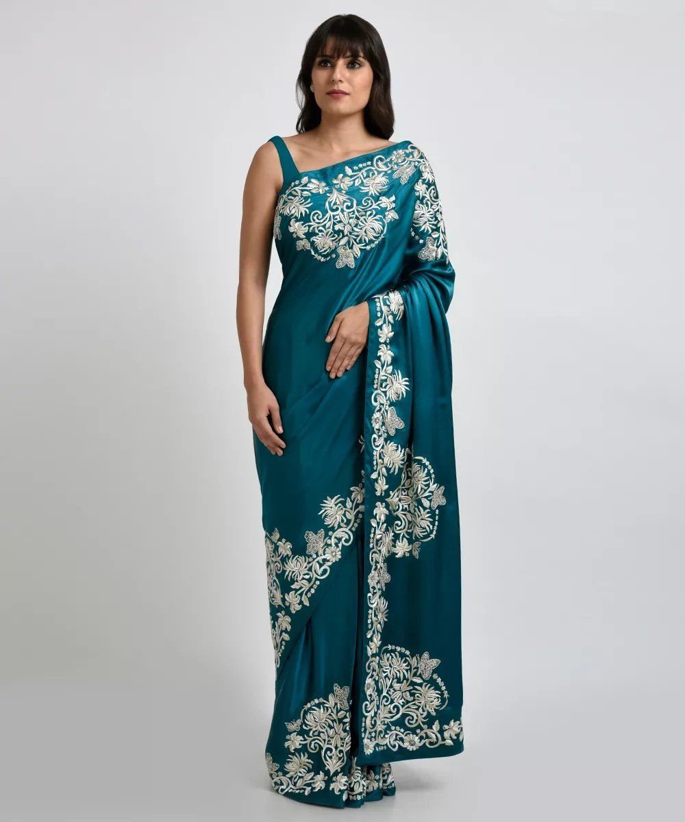 Teal Blue Parsi Gara Hand Embroidered Pure Crepe Saree - Indian Clothing in Denver, CO, Aurora, CO, Boulder, CO, Fort Collins, CO, Colorado Springs, CO, Parker, CO, Highlands Ranch, CO, Cherry Creek, CO, Centennial, CO, and Longmont, CO. Nationwide shipping USA - India Fashion X