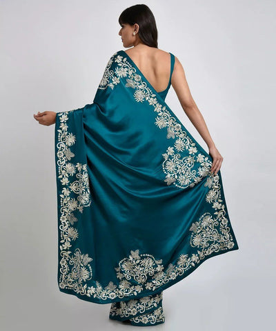 Teal Blue Parsi Gara Hand Embroidered Pure Crepe Saree - Indian Clothing in Denver, CO, Aurora, CO, Boulder, CO, Fort Collins, CO, Colorado Springs, CO, Parker, CO, Highlands Ranch, CO, Cherry Creek, CO, Centennial, CO, and Longmont, CO. Nationwide shipping USA - India Fashion X