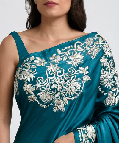 Teal Blue Parsi Gara Hand Embroidered Pure Crepe Saree - Indian Clothing in Denver, CO, Aurora, CO, Boulder, CO, Fort Collins, CO, Colorado Springs, CO, Parker, CO, Highlands Ranch, CO, Cherry Creek, CO, Centennial, CO, and Longmont, CO. Nationwide shipping USA - India Fashion X