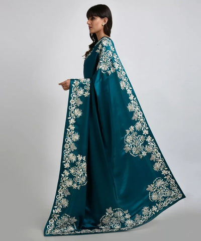 Teal Blue Parsi Gara Hand Embroidered Pure Crepe Saree - Indian Clothing in Denver, CO, Aurora, CO, Boulder, CO, Fort Collins, CO, Colorado Springs, CO, Parker, CO, Highlands Ranch, CO, Cherry Creek, CO, Centennial, CO, and Longmont, CO. Nationwide shipping USA - India Fashion X