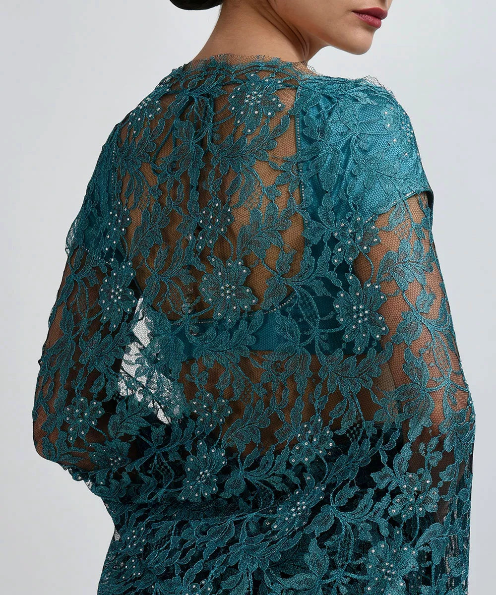 Turquoise French Chantilly Lace Saree - Indian Clothing in Denver, CO, Aurora, CO, Boulder, CO, Fort Collins, CO, Colorado Springs, CO, Parker, CO, Highlands Ranch, CO, Cherry Creek, CO, Centennial, CO, and Longmont, CO. Nationwide shipping USA - India Fashion X