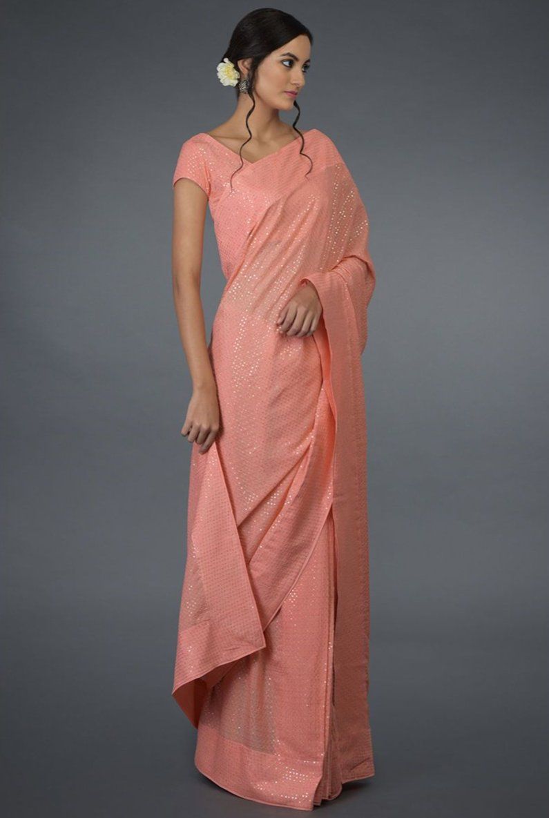 Saree in Peach Rose Pink Featured in Crepe - Indian Clothing in Denver, CO, Aurora, CO, Boulder, CO, Fort Collins, CO, Colorado Springs, CO, Parker, CO, Highlands Ranch, CO, Cherry Creek, CO, Centennial, CO, and Longmont, CO. Nationwide shipping USA - India Fashion X