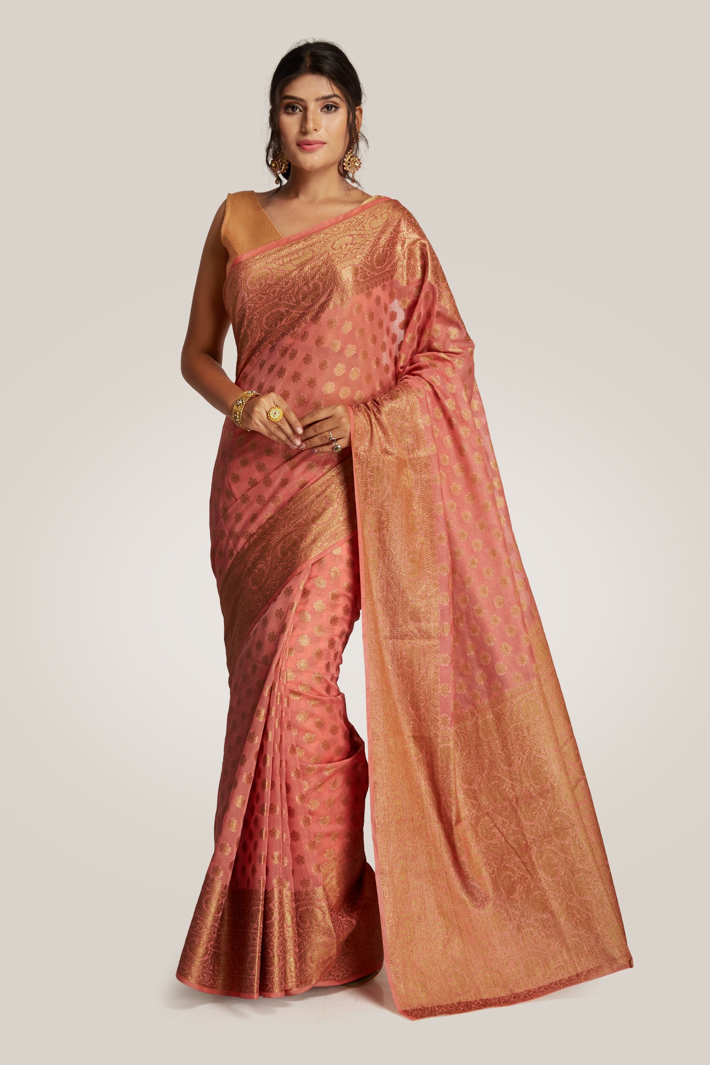 Coral Banarasi Saree Indian Clothing in Denver, CO, Aurora, CO, Boulder, CO, Fort Collins, CO, Colorado Springs, CO, Parker, CO, Highlands Ranch, CO, Cherry Creek, CO, Centennial, CO, and Longmont, CO. NATIONWIDE SHIPPING USA- India Fashion X