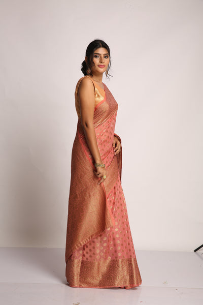 Coral Banarasi Saree Indian Clothing in Denver, CO, Aurora, CO, Boulder, CO, Fort Collins, CO, Colorado Springs, CO, Parker, CO, Highlands Ranch, CO, Cherry Creek, CO, Centennial, CO, and Longmont, CO. NATIONWIDE SHIPPING USA- India Fashion X