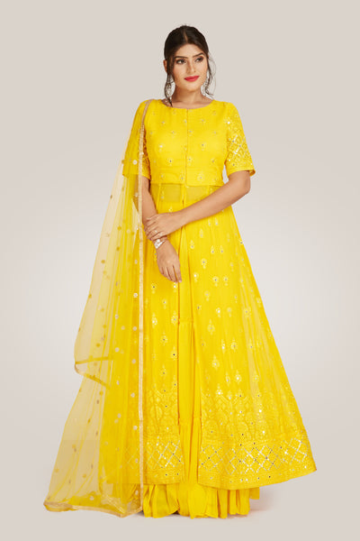 Yellow Palazzo Set - Indian Clothing in Denver, CO, Aurora, CO, Boulder, CO, Fort Collins, CO, Colorado Springs, CO, Parker, CO, Highlands Ranch, CO, Cherry Creek, CO, Centennial, CO, and Longmont, CO. Nationwide shipping USA - India Fashion X