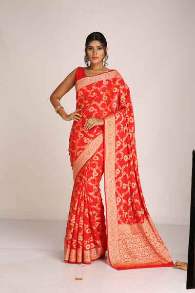 Banarasi Saree in Red With Gold - Indian Clothing in Denver, CO, Aurora, CO, Boulder, CO, Fort Collins, CO, Colorado Springs, CO, Parker, CO, Highlands Ranch, CO, Cherry Creek, CO, Centennial, CO, and Longmont, CO. Nationwide shipping USA - India Fashion X