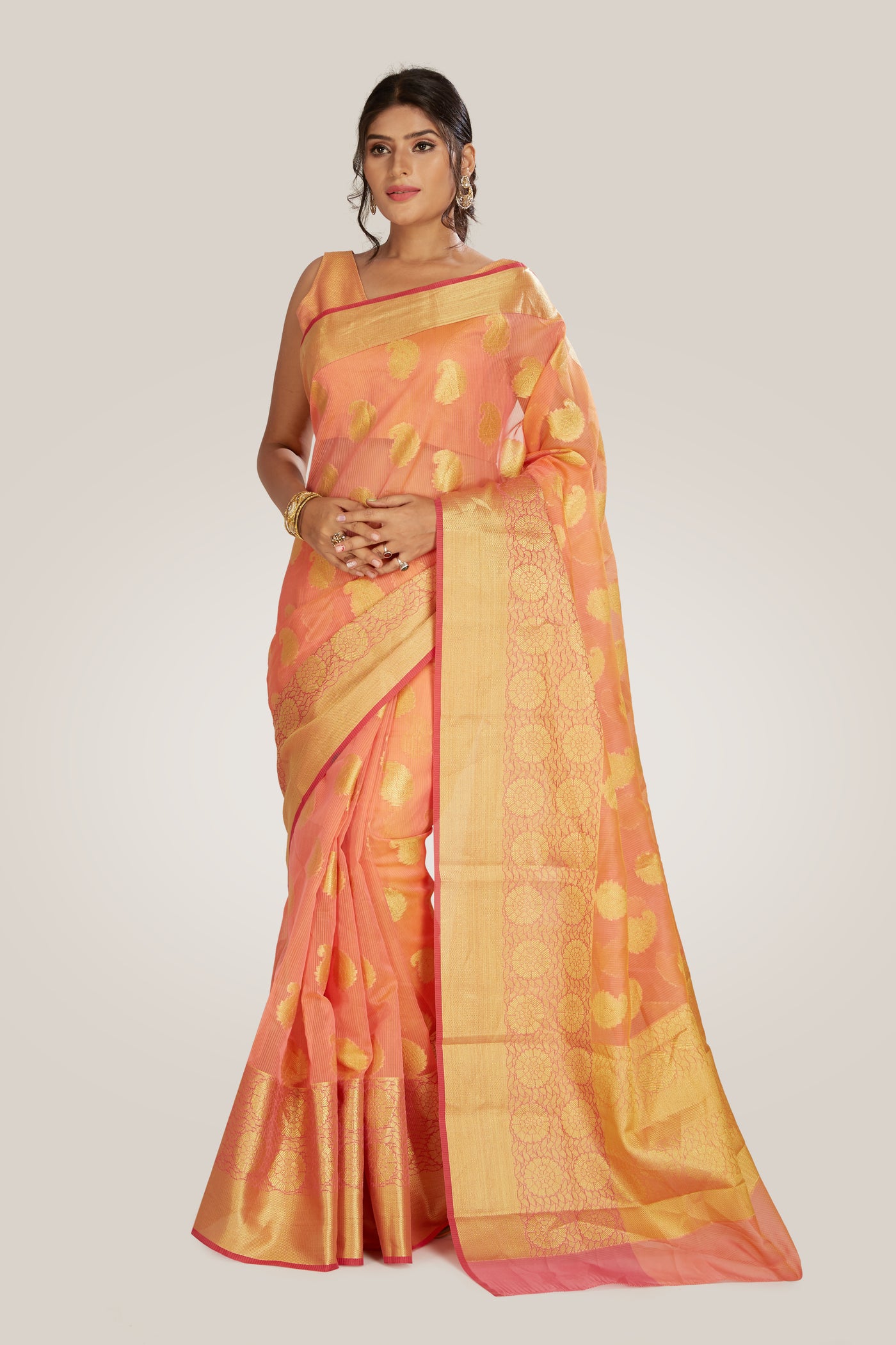 Banarasi Saree in Peach-Gold - Indian Clothing in Denver, CO, Aurora, CO, Boulder, CO, Fort Collins, CO, Colorado Springs, CO, Parker, CO, Highlands Ranch, CO, Cherry Creek, CO, Centennial, CO, and Longmont, CO. Nationwide shipping USA - India Fashion X