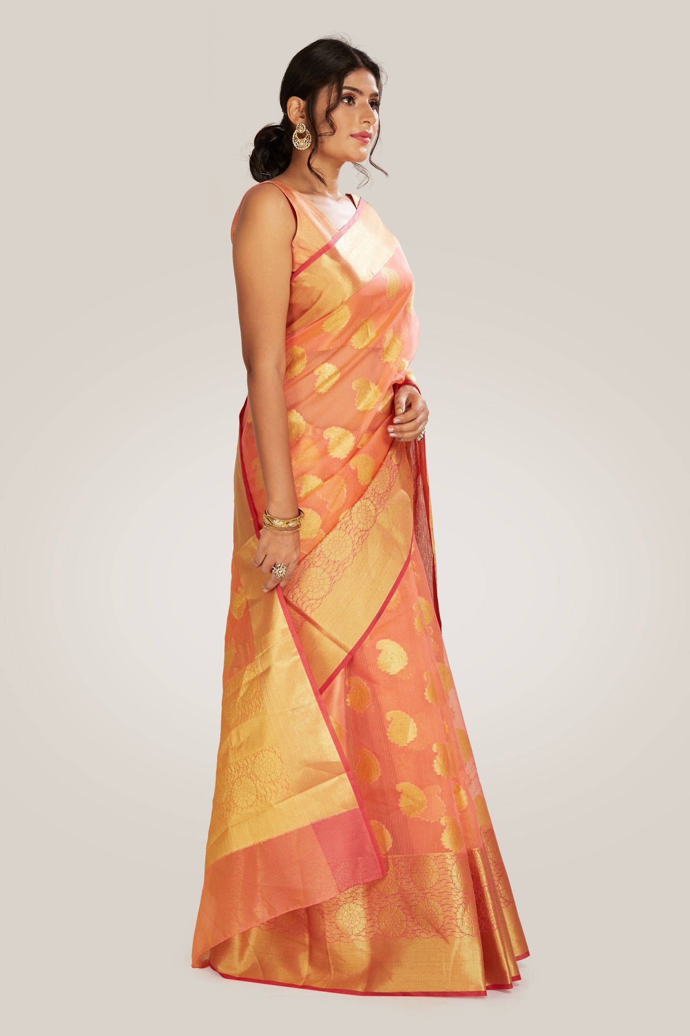Banarasi Saree in Peach-Gold - Indian Clothing in Denver, CO, Aurora, CO, Boulder, CO, Fort Collins, CO, Colorado Springs, CO, Parker, CO, Highlands Ranch, CO, Cherry Creek, CO, Centennial, CO, and Longmont, CO. Nationwide shipping USA - India Fashion X