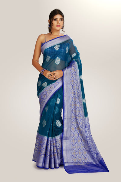 Dark Teal Tissue Saree - Indian Clothing in Denver, CO, Aurora, CO, Boulder, CO, Fort Collins, CO, Colorado Springs, CO, Parker, CO, Highlands Ranch, CO, Cherry Creek, CO, Centennial, CO, and Longmont, CO. Nationwide shipping USA - India Fashion X