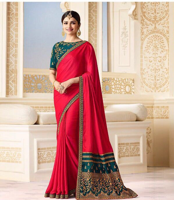 Red and turquoise traditional saree - Indian Clothing in Denver, CO, Aurora, CO, Boulder, CO, Fort Collins, CO, Colorado Springs, CO, Parker, CO, Highlands Ranch, CO, Cherry Creek, CO, Centennial, CO, and Longmont, CO. Nationwide shipping USA - India Fashion X