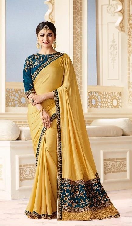 Butter gold and blue traditional saree - Indian Clothing in Denver, CO, Aurora, CO, Boulder, CO, Fort Collins, CO, Colorado Springs, CO, Parker, CO, Highlands Ranch, CO, Cherry Creek, CO, Centennial, CO, and Longmont, CO. Nationwide shipping USA - India Fashion X