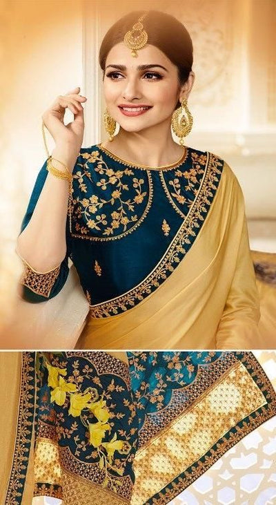 Butter gold and blue traditional saree - Indian Clothing in Denver, CO, Aurora, CO, Boulder, CO, Fort Collins, CO, Colorado Springs, CO, Parker, CO, Highlands Ranch, CO, Cherry Creek, CO, Centennial, CO, and Longmont, CO. Nationwide shipping USA - India Fashion X