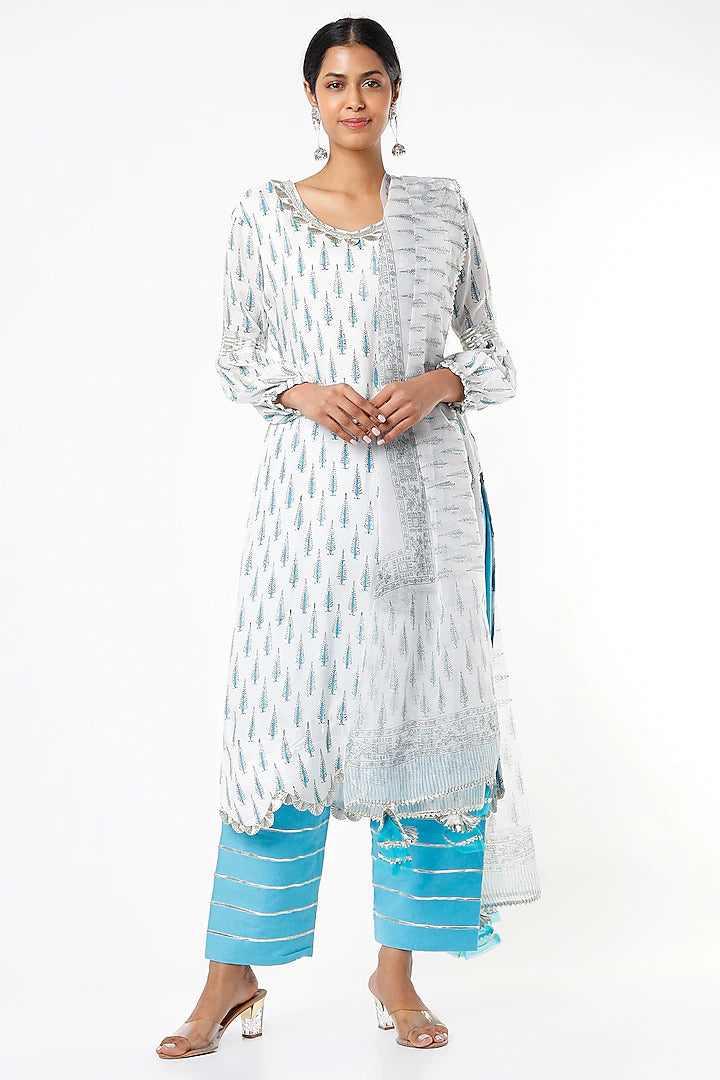 Ivory & Blue Block Print Kurta - Indian Clothing in Denver, CO, Aurora, CO, Boulder, CO, Fort Collins, CO, Colorado Springs, CO, Parker, CO, Highlands Ranch, CO, Cherry Creek, CO, Centennial, CO, and Longmont, CO. Nationwide shipping USA - India Fashion X
