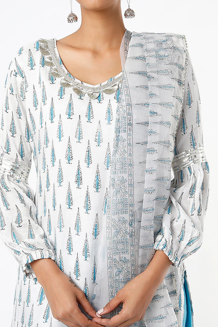 Ivory & Blue Block Print Kurta - Indian Clothing in Denver, CO, Aurora, CO, Boulder, CO, Fort Collins, CO, Colorado Springs, CO, Parker, CO, Highlands Ranch, CO, Cherry Creek, CO, Centennial, CO, and Longmont, CO. Nationwide shipping USA - India Fashion X